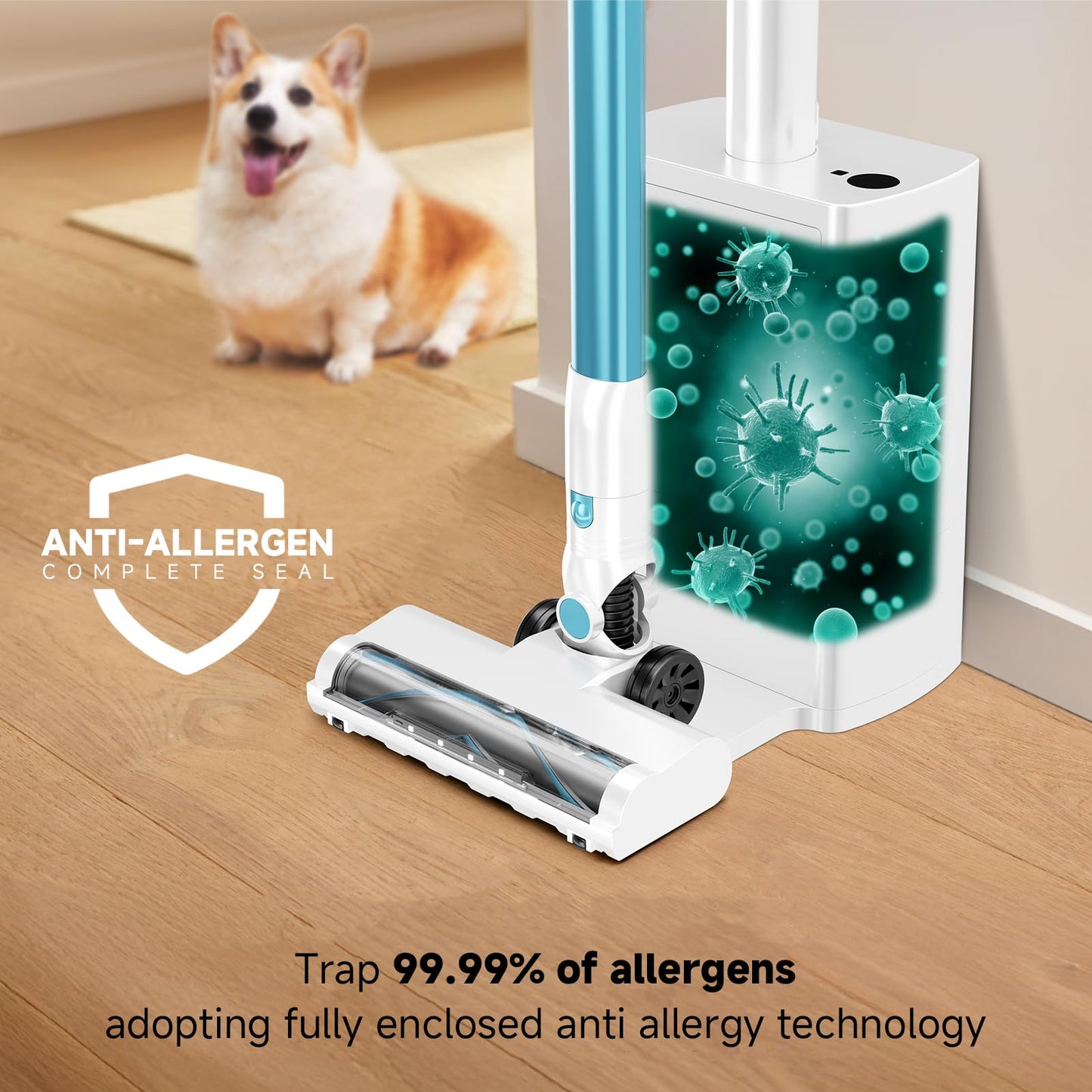 AKAVAC cordless stick vacuum, auto empty system, self-charging base, HEPA filter, anti-tangle design.