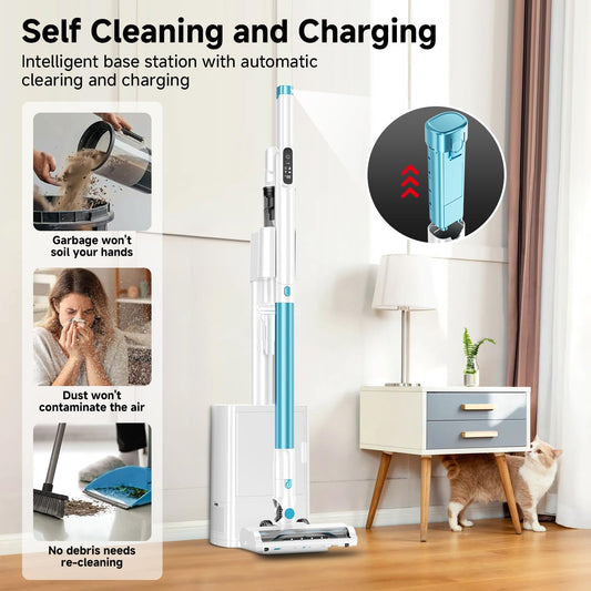 AKAVAC cordless stick vacuum, auto empty system, self-charging base, HEPA filter, anti-tangle design.
