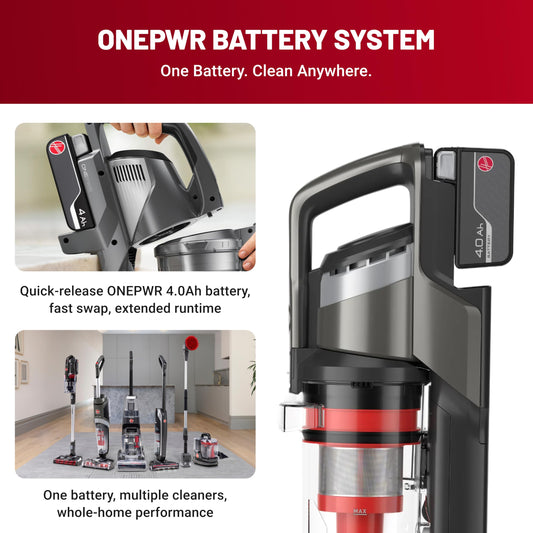 Hoover ONEPWR WindTunnel Emerge Pet+ cordless stick vacuum, lightweight, self-standing, quiet cleaning.