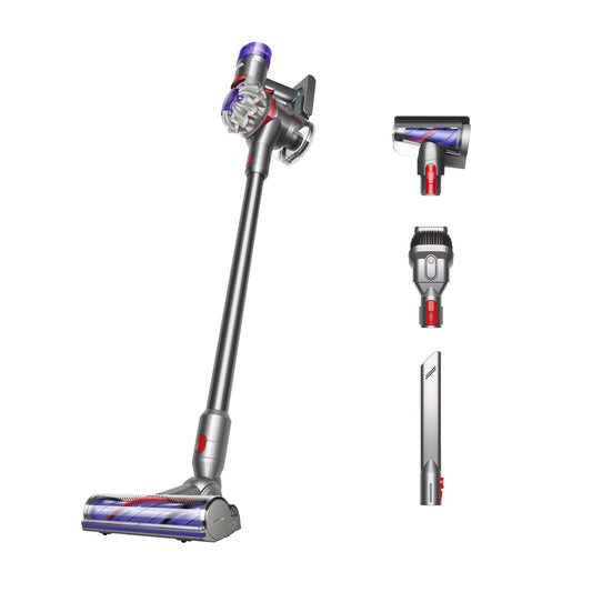Dyson V8 cordless vacuum, converts to handheld, strong suction, detangling brush, 40 min runtime.