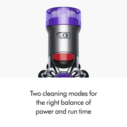 Dyson V8 cordless vacuum, converts to handheld, strong suction, detangling brush, 40 min runtime.