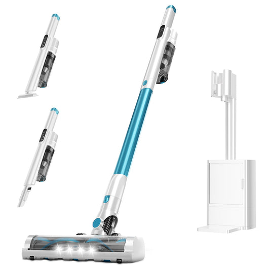 AKAVAC cordless stick vacuum, auto empty system, self-charging base, HEPA filter, anti-tangle design.