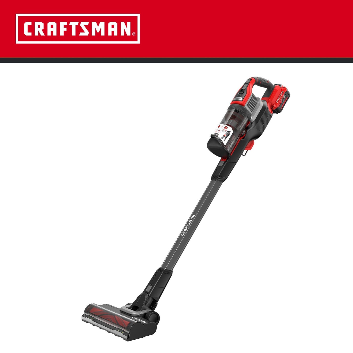 CRAFTSMAN V20 cordless stick vacuum, 3-speed motor, lightweight, brushless suction, extended runtime.