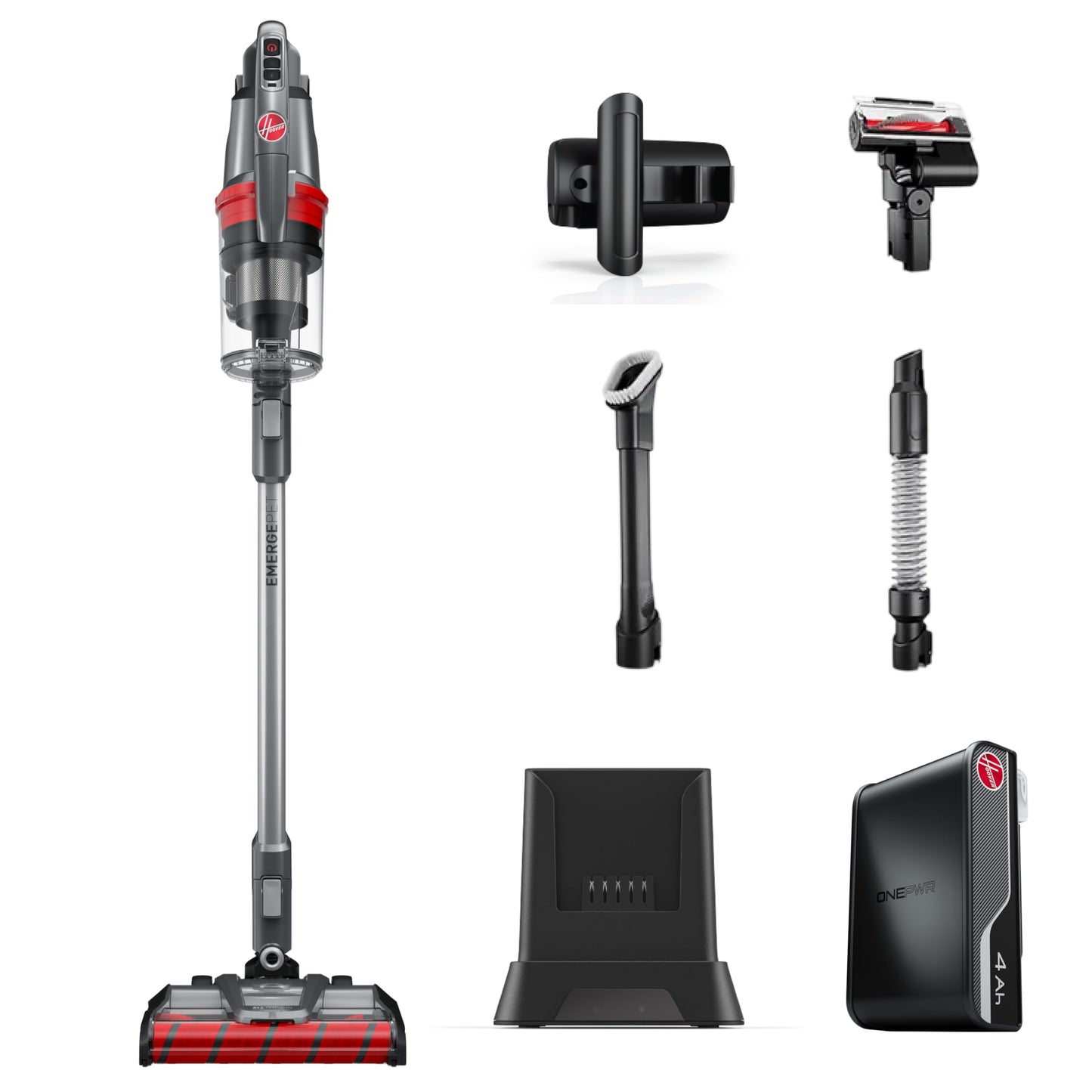 Hoover ONEPWR WindTunnel Emerge Pet+ cordless stick vacuum, lightweight, self-standing, quiet cleaning.