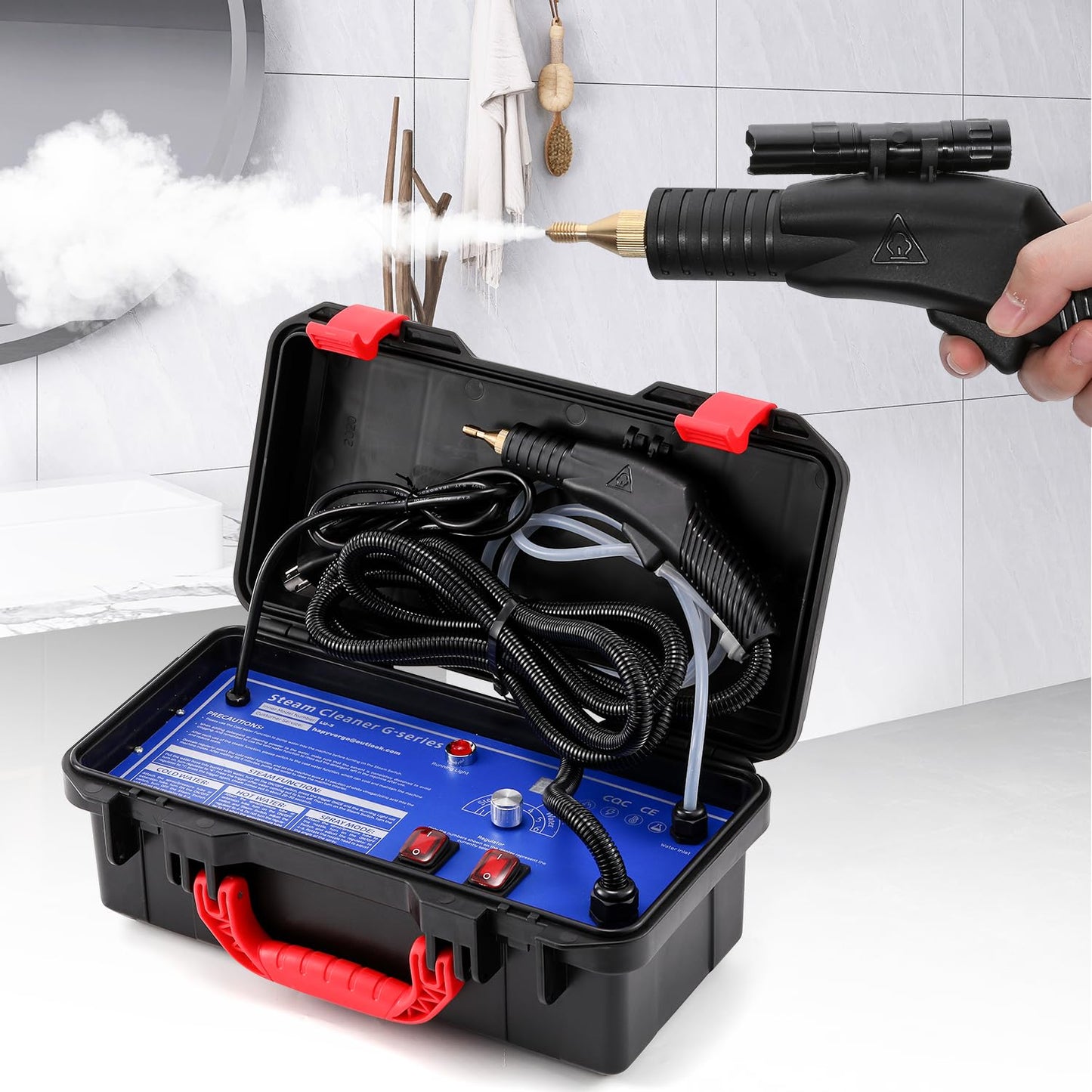 Hapyvergo 1700W high-pressure steam cleaner, heavy-duty steamer for tile, grout, car & home surfaces.