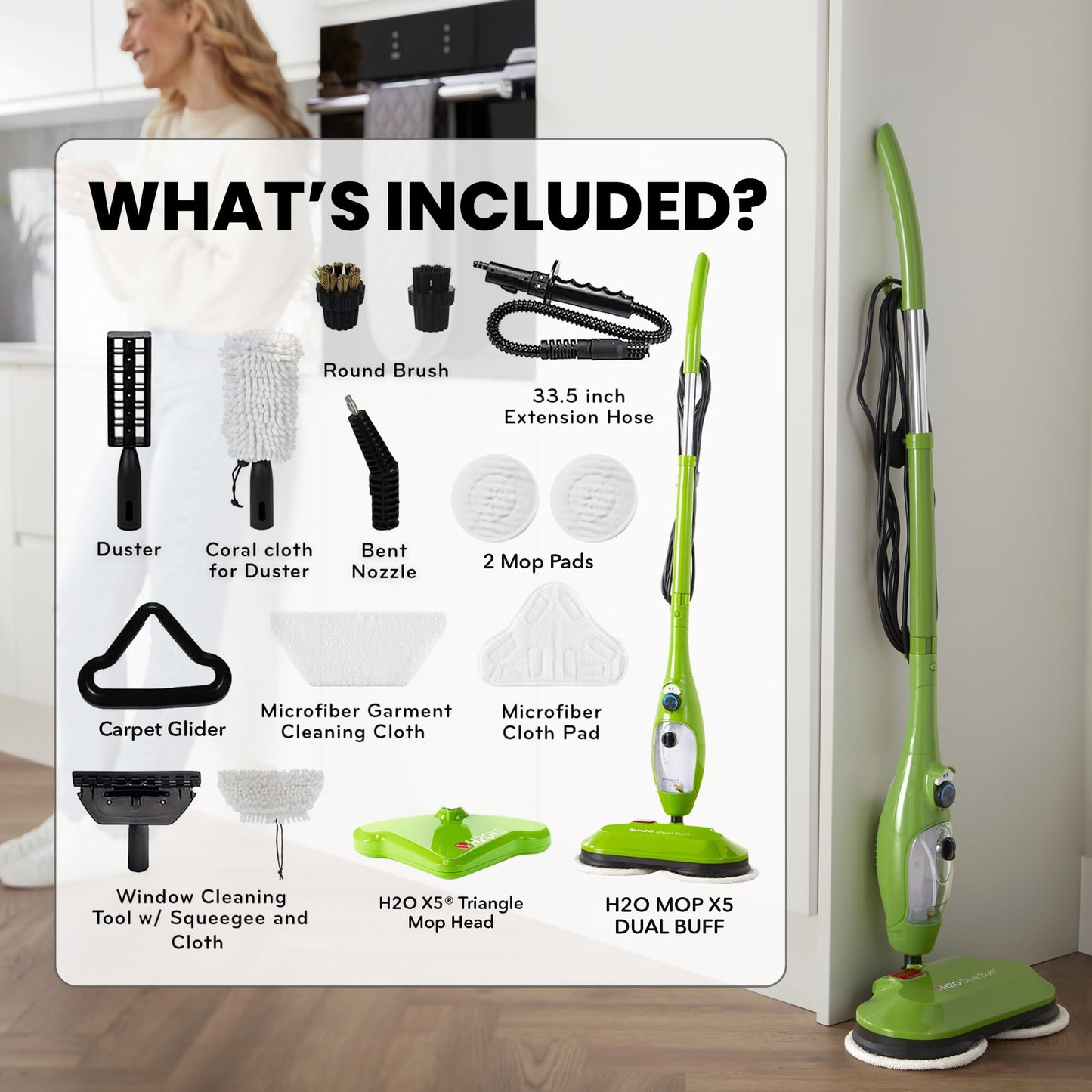 H2O X5 8-in-1 steam mop & handheld cleaner, 11 accessories, for floors, grout, carpets & upholstery.