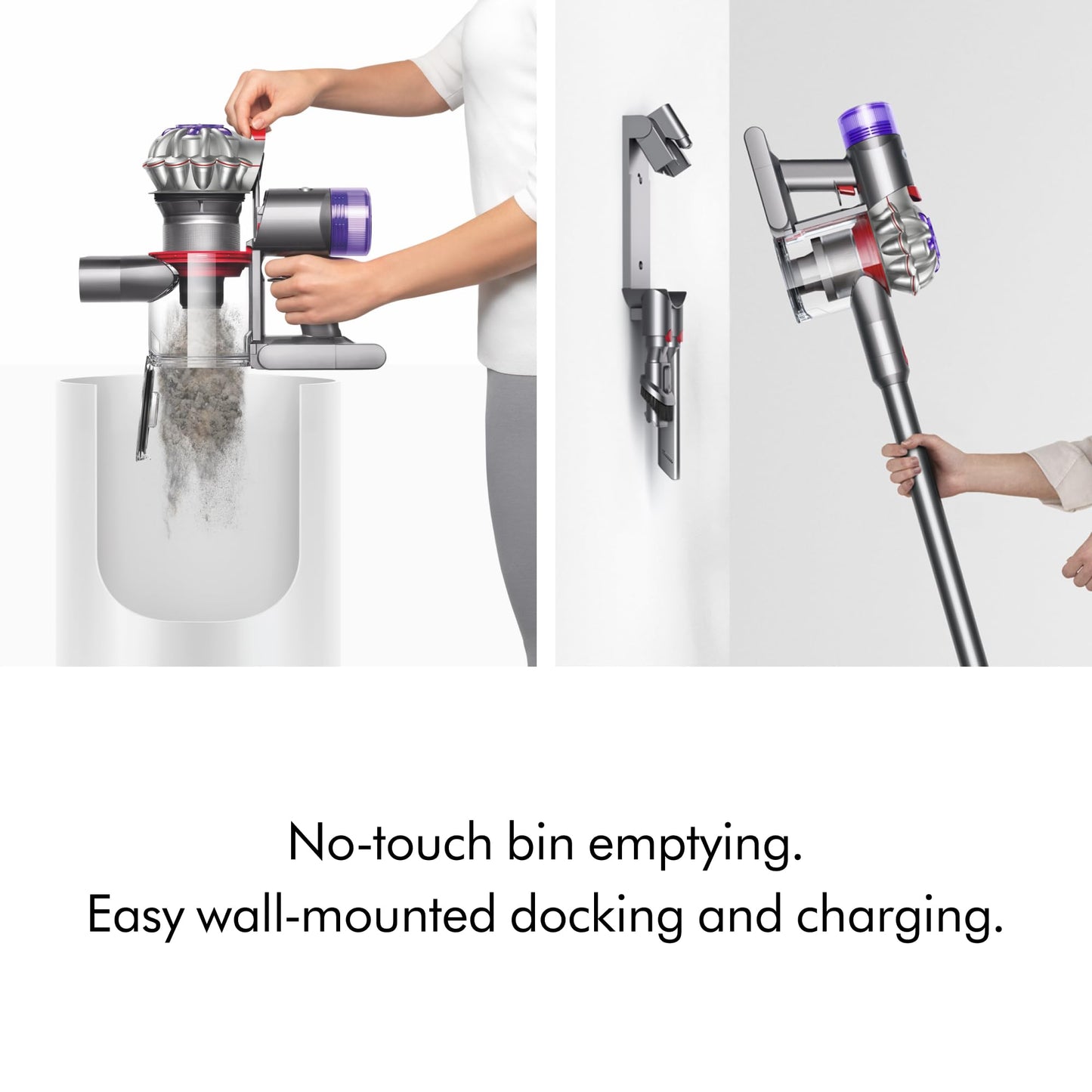 Dyson V8 cordless vacuum, converts to handheld, strong suction, detangling brush, 40 min runtime.