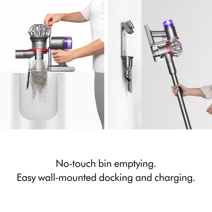 Dyson V8 cordless vacuum, converts to handheld, strong suction, detangling brush, 40 min runtime.