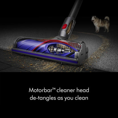Dyson V8 cordless vacuum, converts to handheld, strong suction, detangling brush, 40 min runtime.