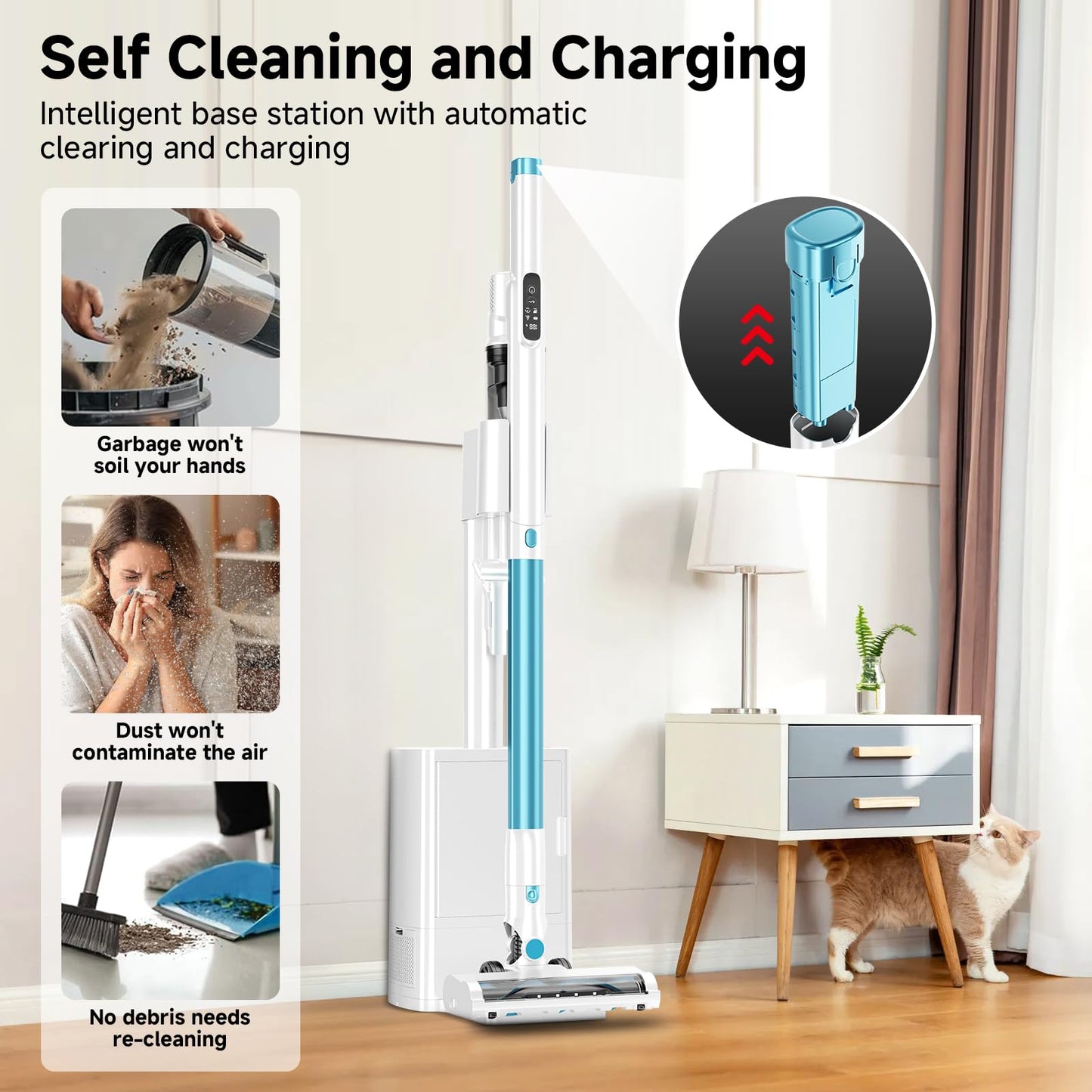 AKAVAC cordless stick vacuum, auto empty system, self-charging base, HEPA filter, anti-tangle design.