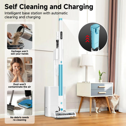 AKAVAC cordless stick vacuum, auto empty system, self-charging base, HEPA filter, anti-tangle design.