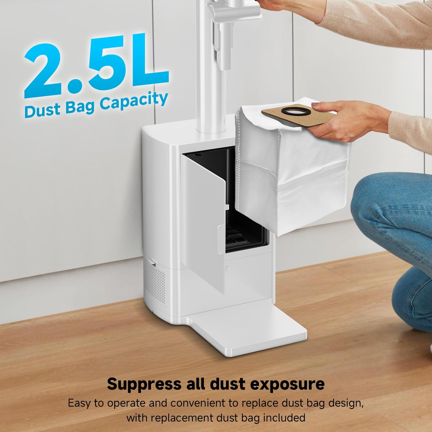 AKAVAC cordless stick vacuum, auto empty system, self-charging base, HEPA filter, anti-tangle design.
