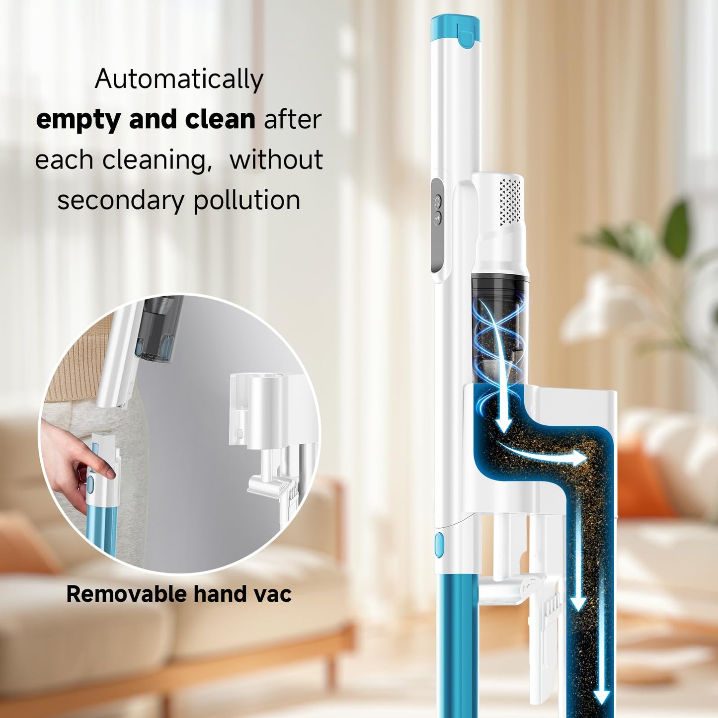 AKAVAC cordless stick vacuum, auto empty system, self-charging base, HEPA filter, anti-tangle design.
