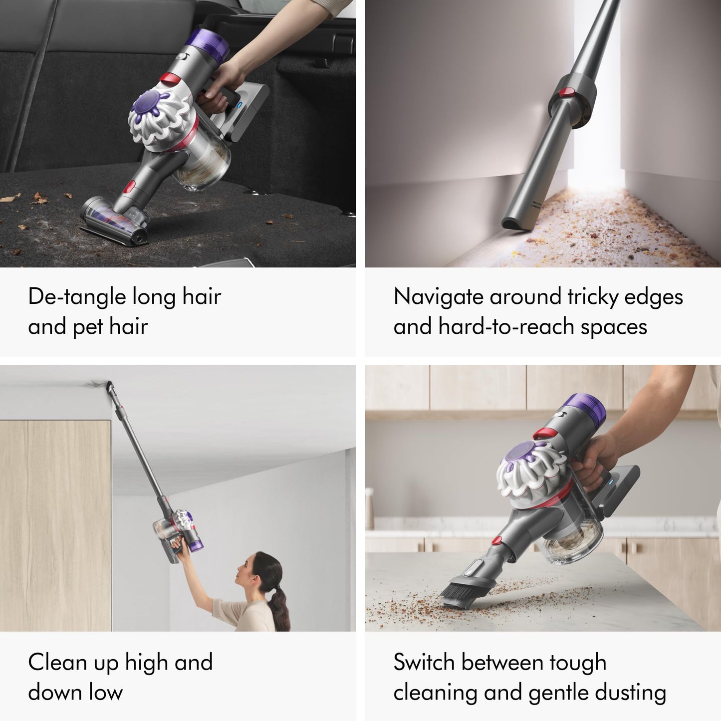 Dyson V8 cordless vacuum, converts to handheld, strong suction, detangling brush, 40 min runtime.