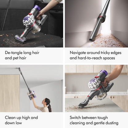 Dyson V8 cordless vacuum, converts to handheld, strong suction, detangling brush, 40 min runtime.