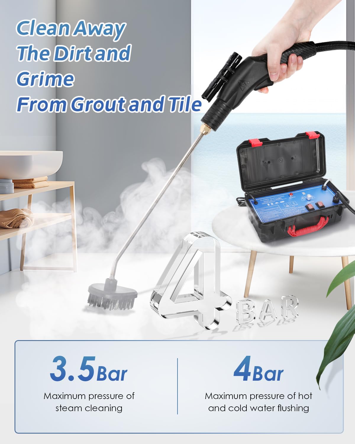 Hapyvergo 1700W high-pressure steam cleaner, heavy-duty steamer for tile, grout, car & home surfaces.