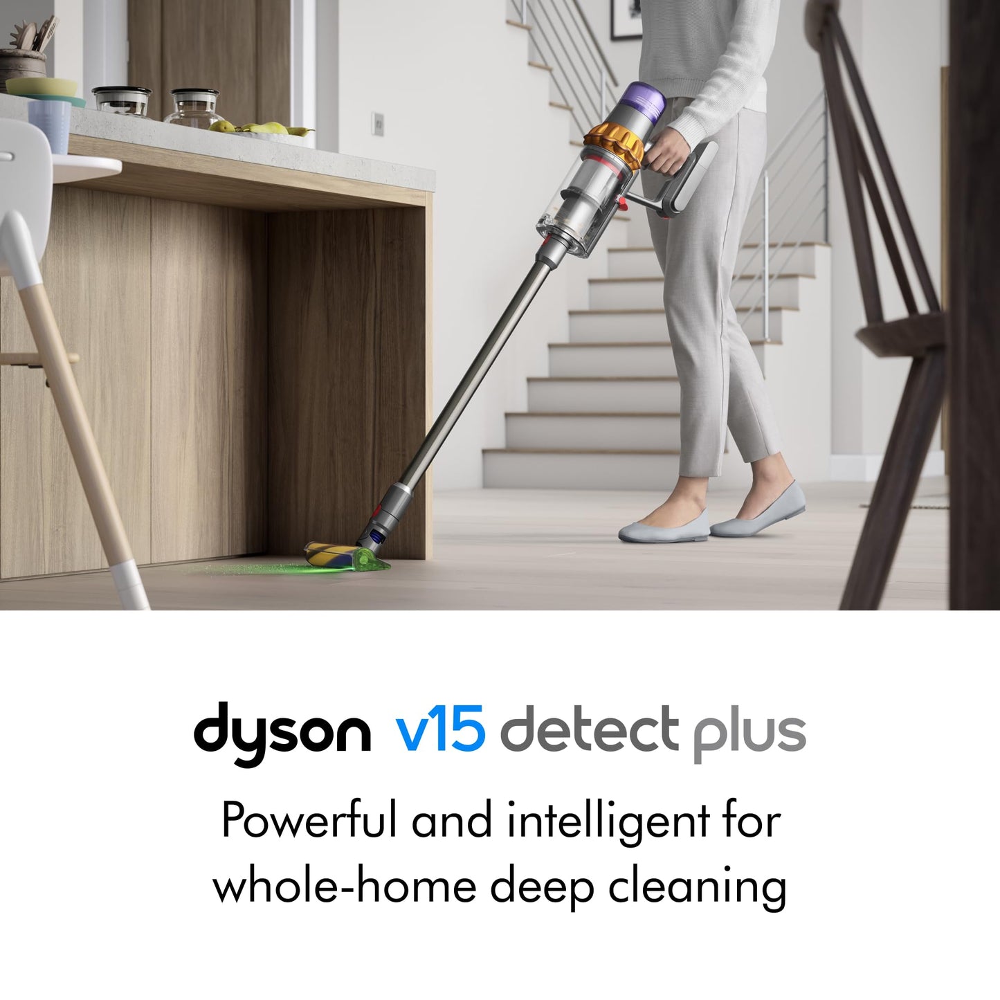 Dyson V15 Detect Plus cordless vacuum, laser dust detection, 240AW suction, deep carpet & pet cleaning.
