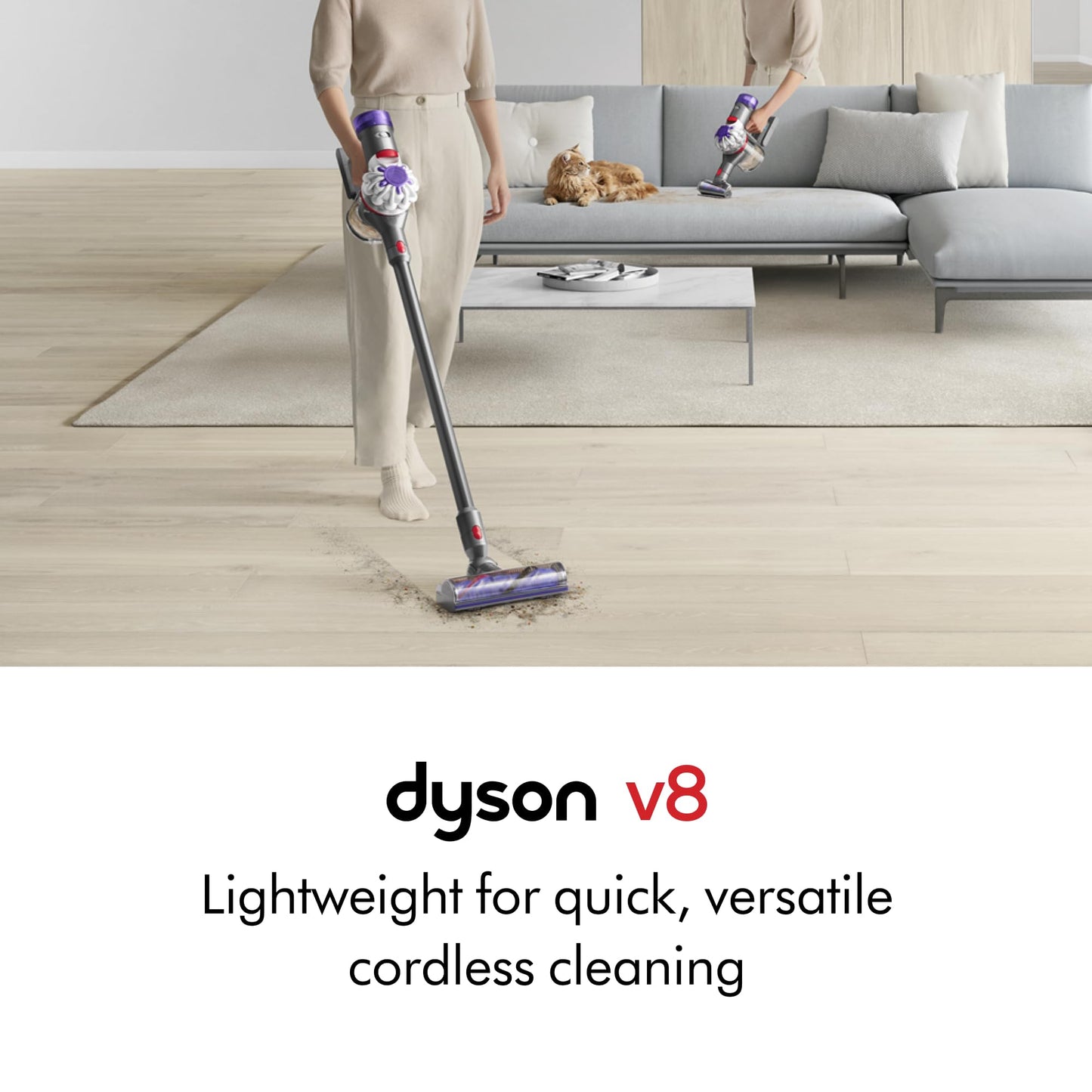Dyson V8 cordless vacuum, converts to handheld, strong suction, detangling brush, 40 min runtime.
