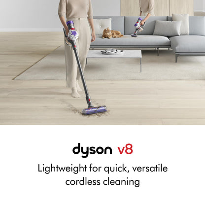 Dyson V8 cordless vacuum, converts to handheld, strong suction, detangling brush, 40 min runtime.