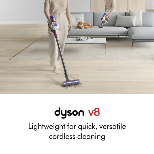 Dyson V8 cordless vacuum, converts to handheld, strong suction, detangling brush, 40 min runtime.