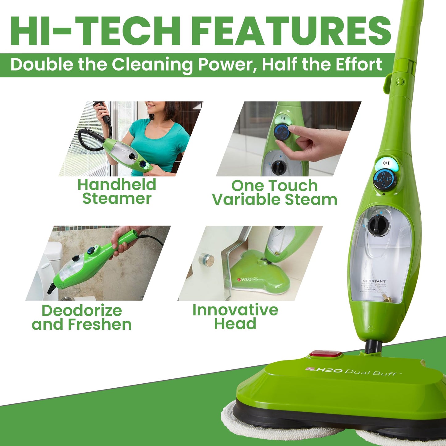 H2O X5 8-in-1 steam mop & handheld cleaner, 11 accessories, for floors, grout, carpets & upholstery.