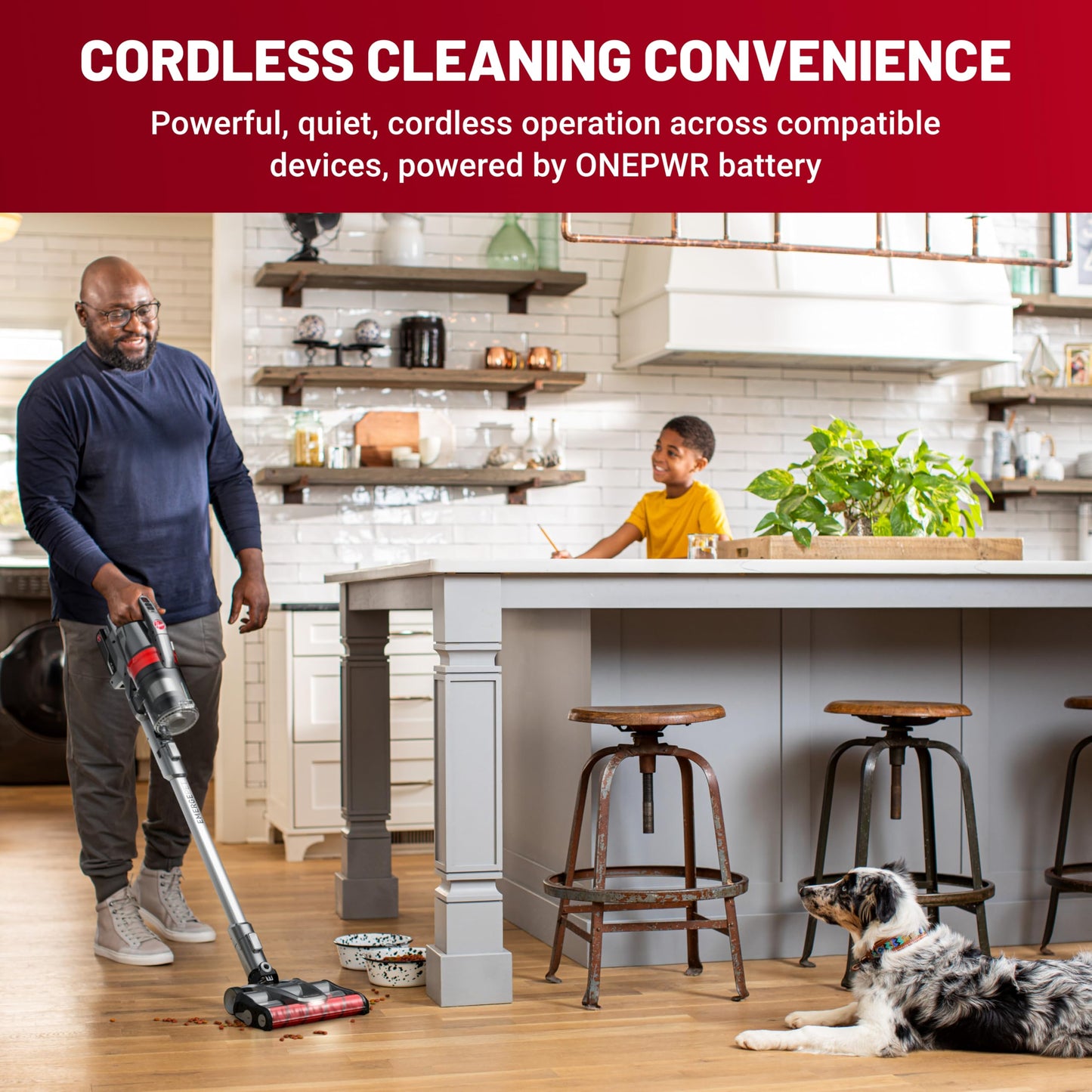 Hoover ONEPWR WindTunnel Emerge Pet+ cordless stick vacuum, lightweight, self-standing, quiet cleaning.