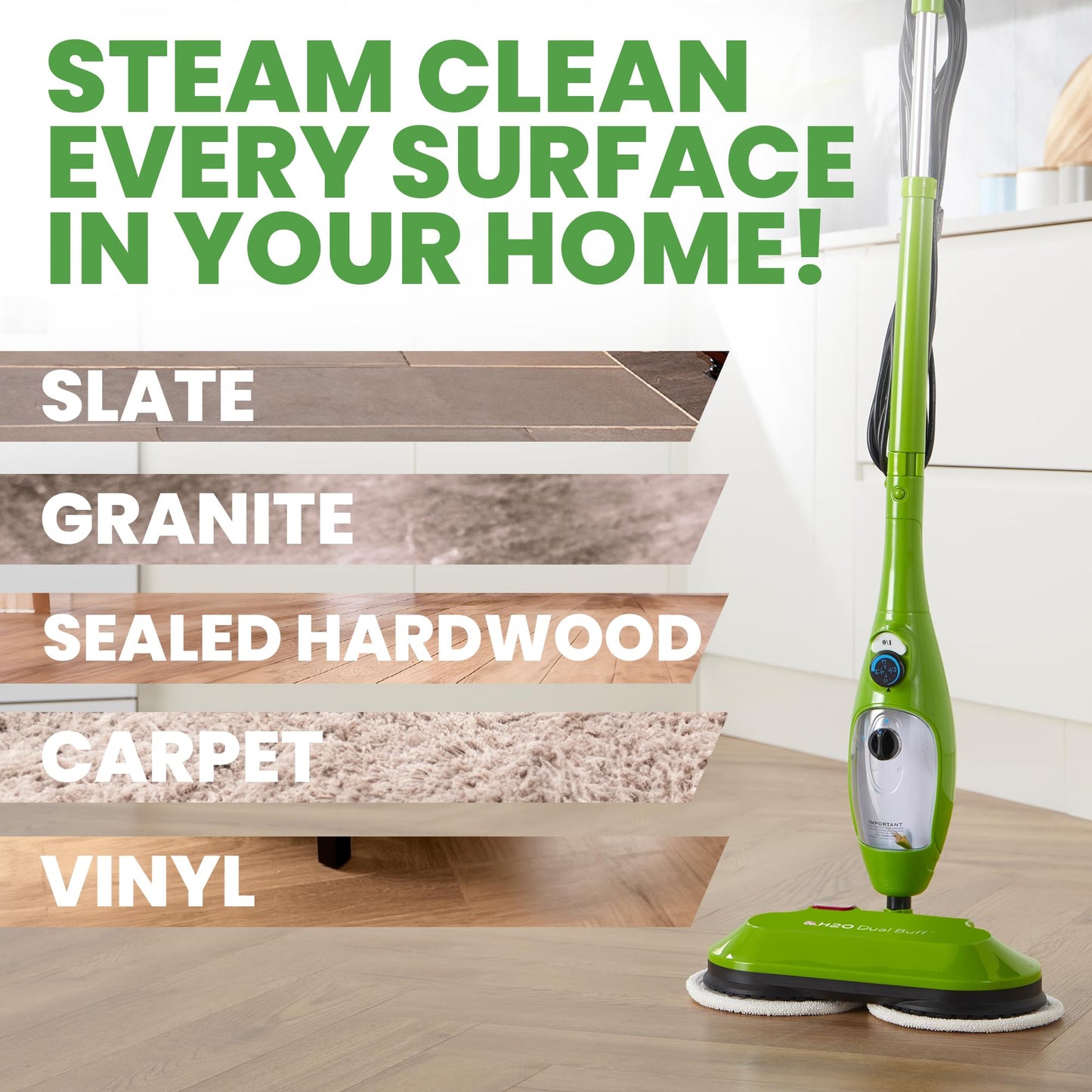 H2O X5 8-in-1 steam mop & handheld cleaner, 11 accessories, for floors, grout, carpets & upholstery.
