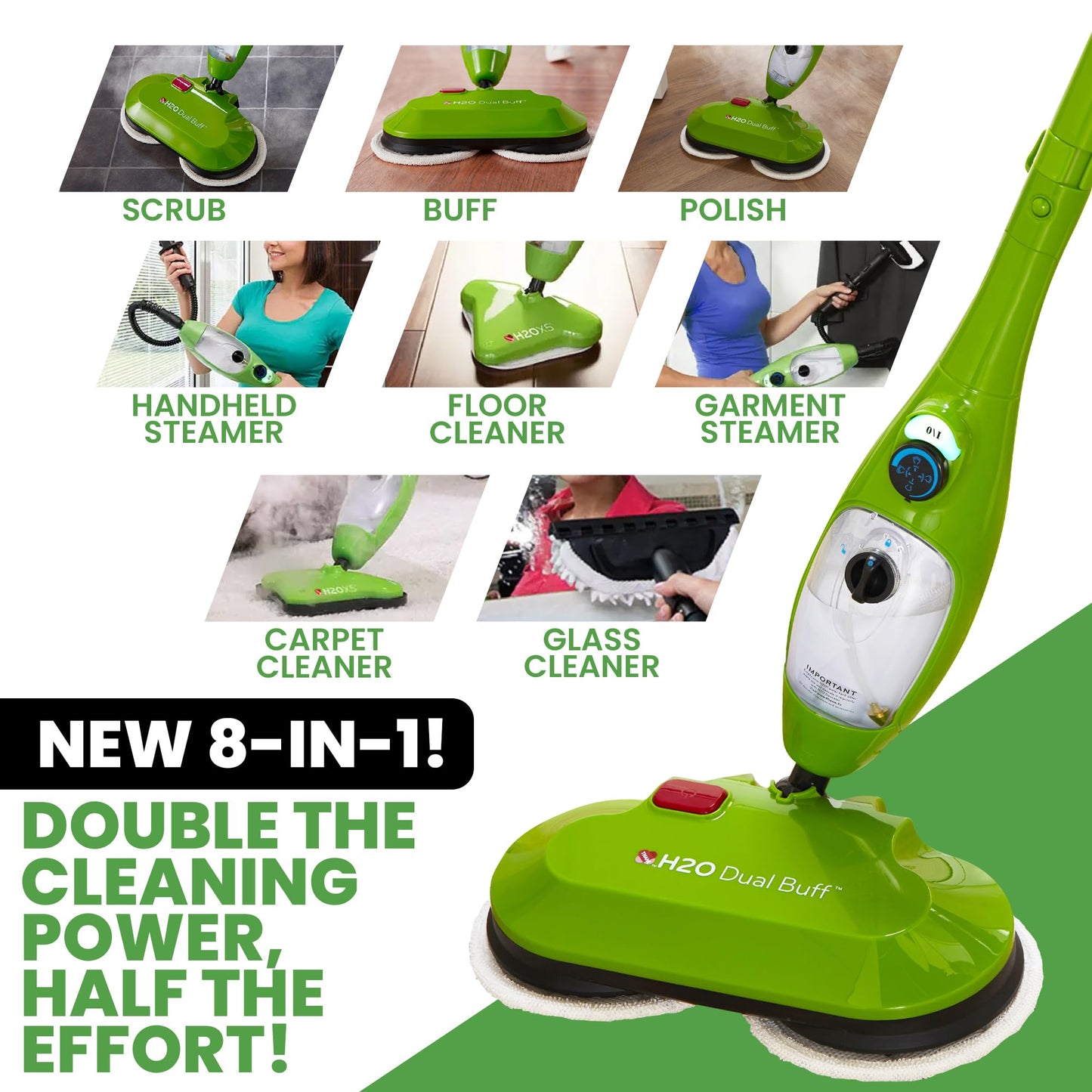 H2O X5 8-in-1 steam mop & handheld cleaner, 11 accessories, for floors, grout, carpets & upholstery.