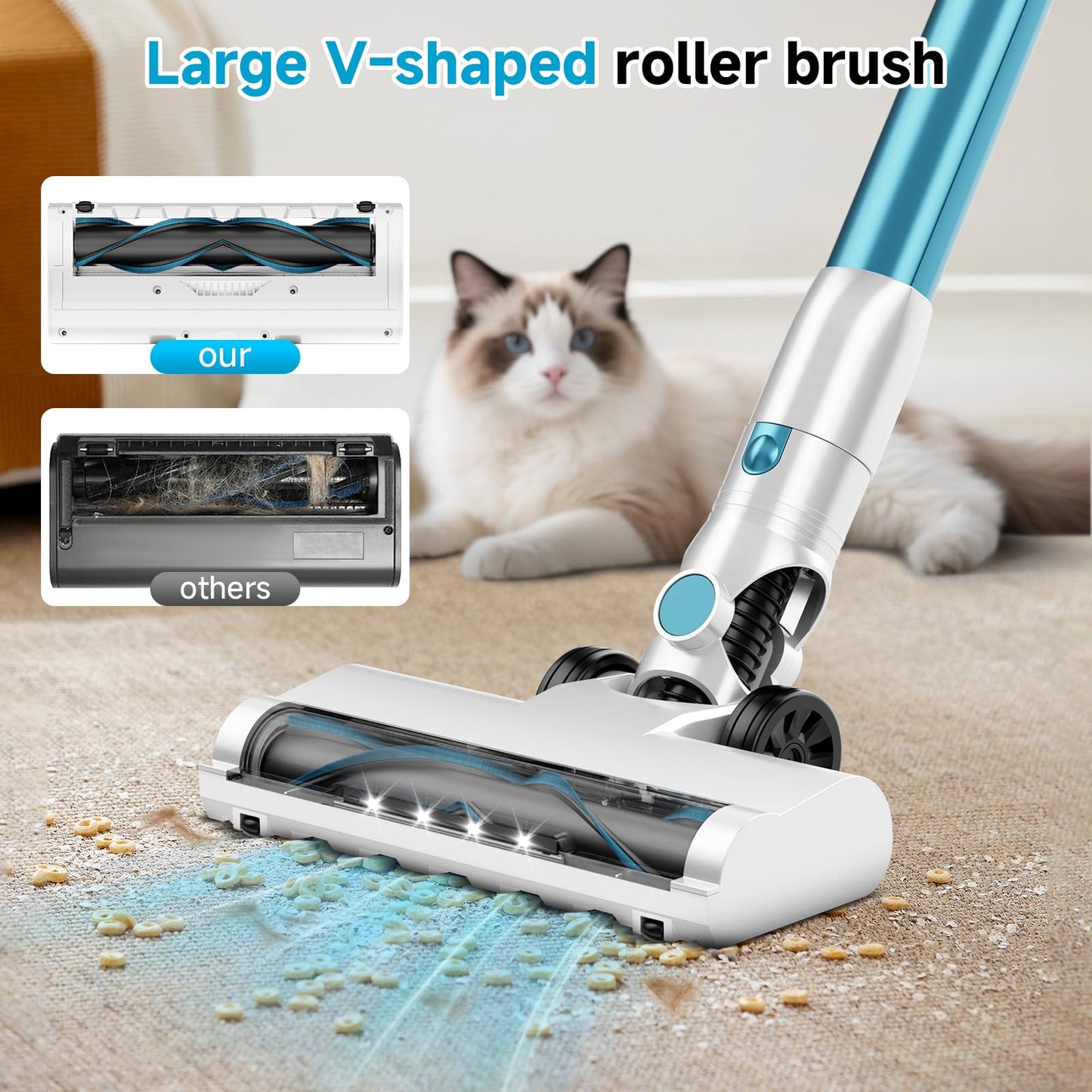 AKAVAC cordless stick vacuum, auto empty system, self-charging base, HEPA filter, anti-tangle design.