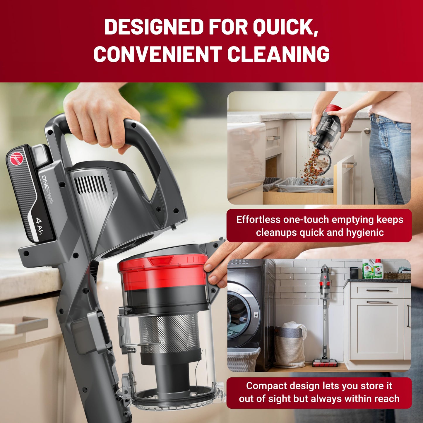 Hoover ONEPWR WindTunnel Emerge Pet+ cordless stick vacuum, lightweight, self-standing, quiet cleaning.