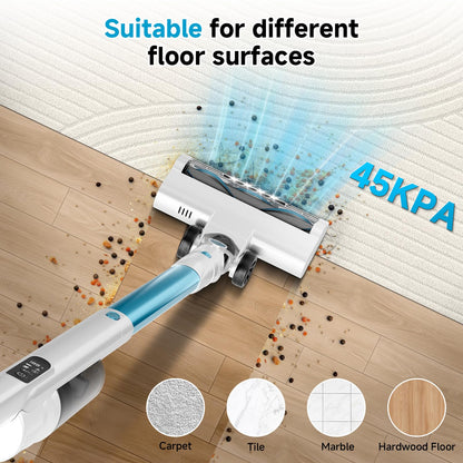 AKAVAC cordless stick vacuum, auto empty system, self-charging base, HEPA filter, anti-tangle design.