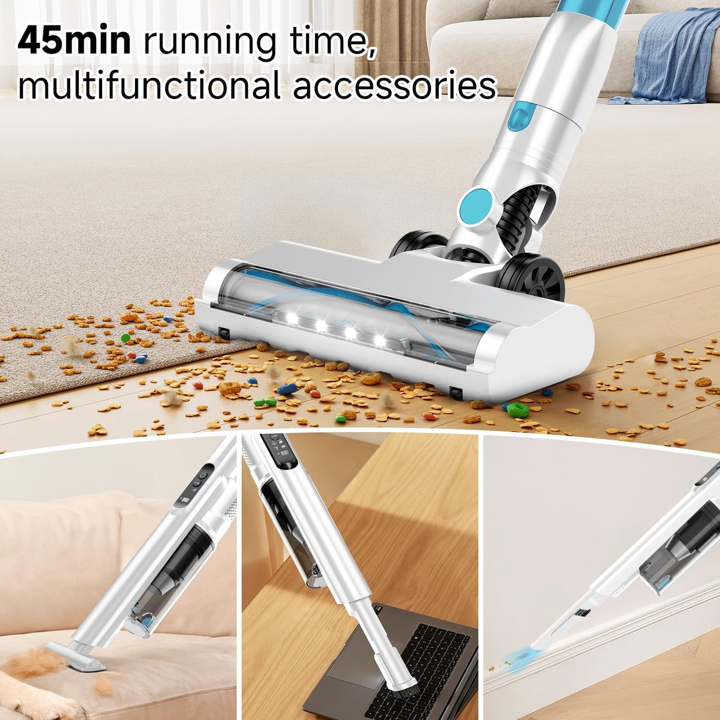 AKAVAC cordless stick vacuum, auto empty system, self-charging base, HEPA filter, anti-tangle design.