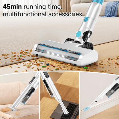 AKAVAC cordless stick vacuum, auto empty system, self-charging base, HEPA filter, anti-tangle design.