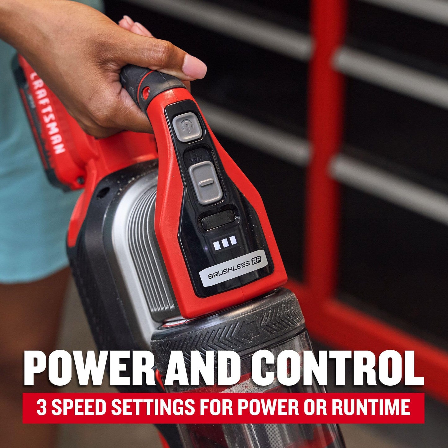 CRAFTSMAN V20 cordless stick vacuum, 3-speed motor, lightweight, brushless suction, extended runtime.