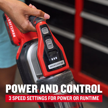 CRAFTSMAN V20 cordless stick vacuum, 3-speed motor, lightweight, brushless suction, extended runtime.