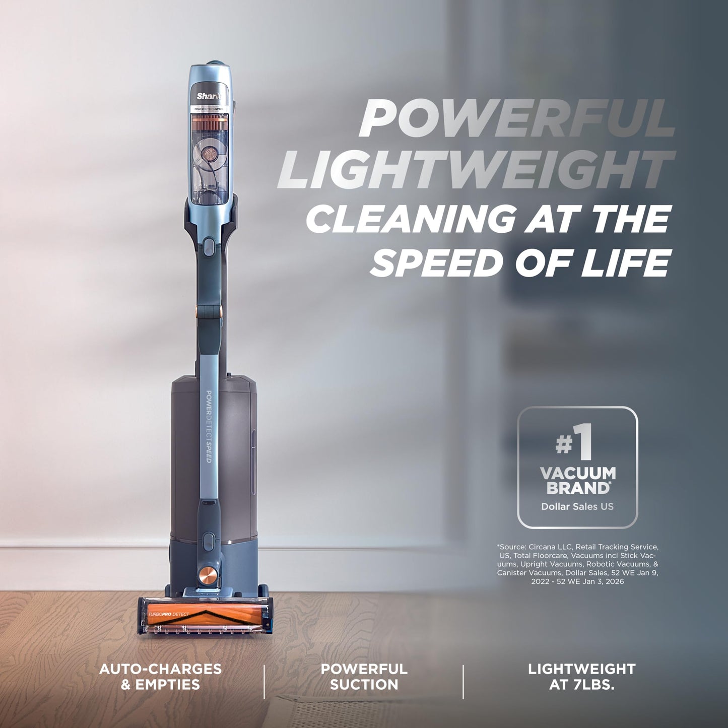 Shark PowerDetect Speed Clean & Empty, auto-empty cordless vacuum, 60 min runtime, lightweight design.