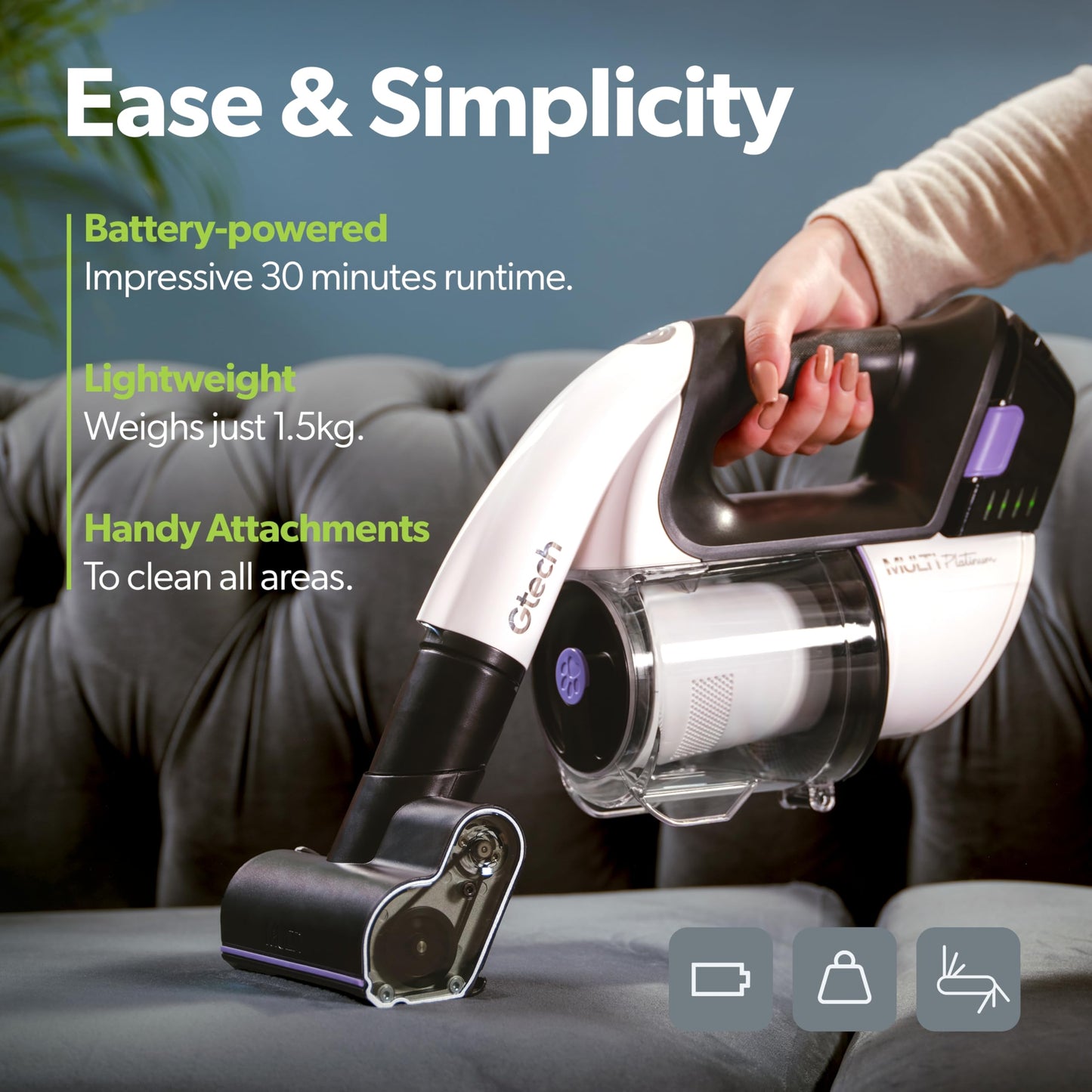 Gtech Multi Platinum cordless handheld vacuum, lightweight aluminum design, 30 min runtime for home & car.