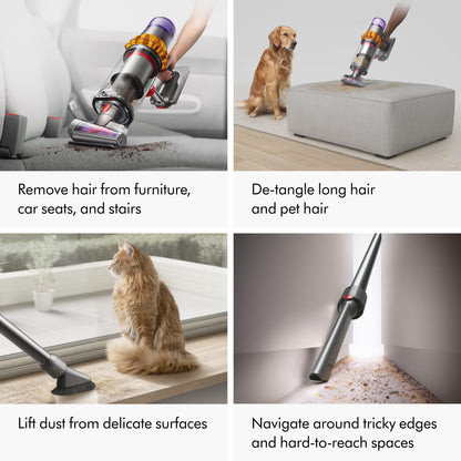 Dyson V15 Detect Plus cordless vacuum, laser dust detection, 240AW suction, deep carpet & pet cleaning.