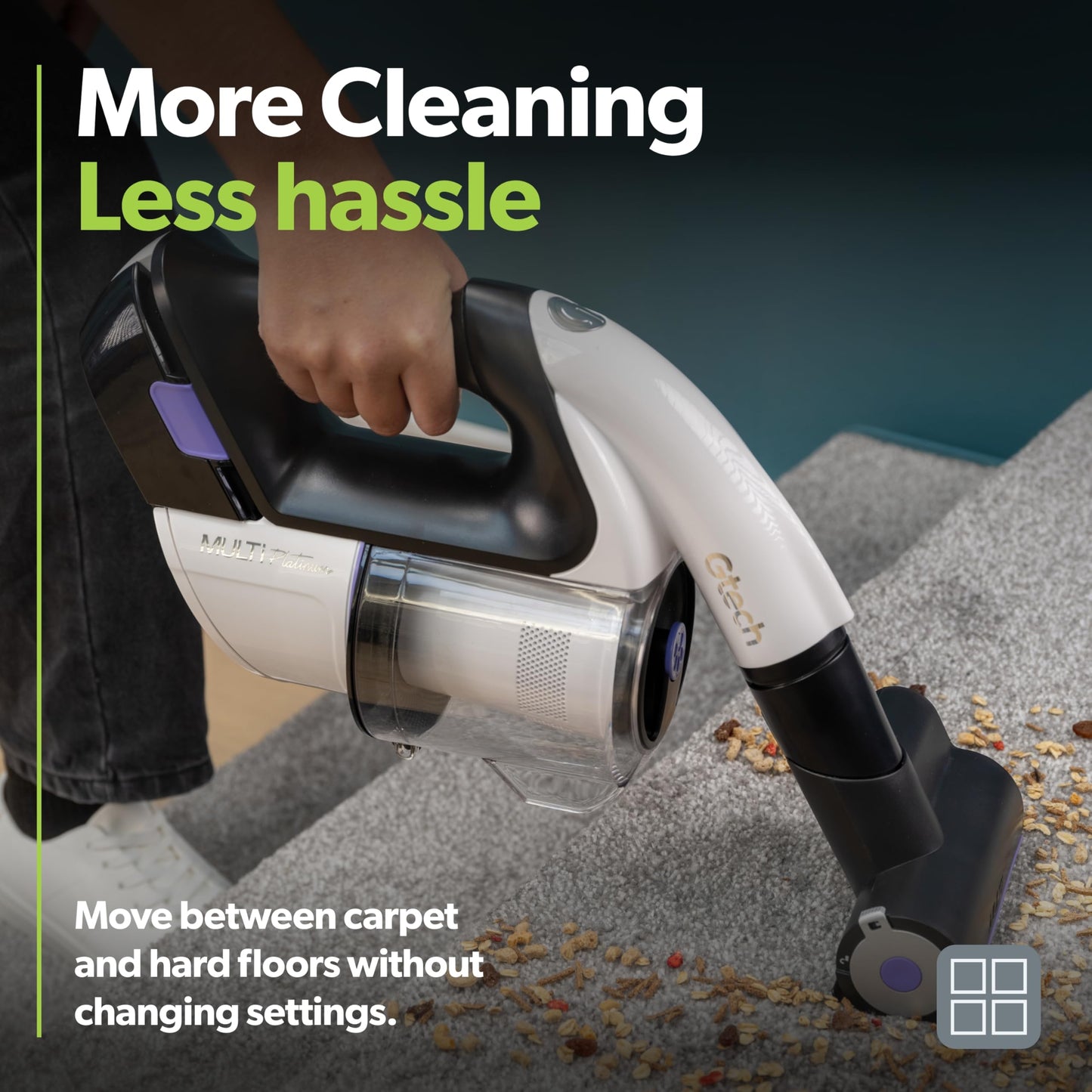 Gtech Multi Platinum cordless handheld vacuum, lightweight aluminum design, 30 min runtime for home & car.