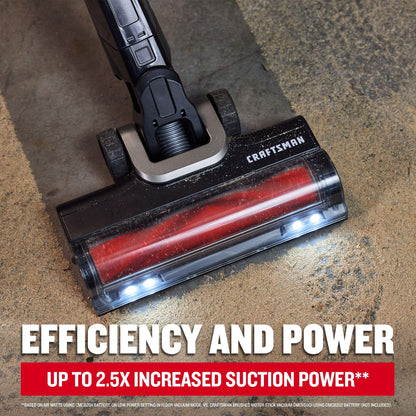CRAFTSMAN V20 cordless stick vacuum, 3-speed motor, lightweight, brushless suction, extended runtime.